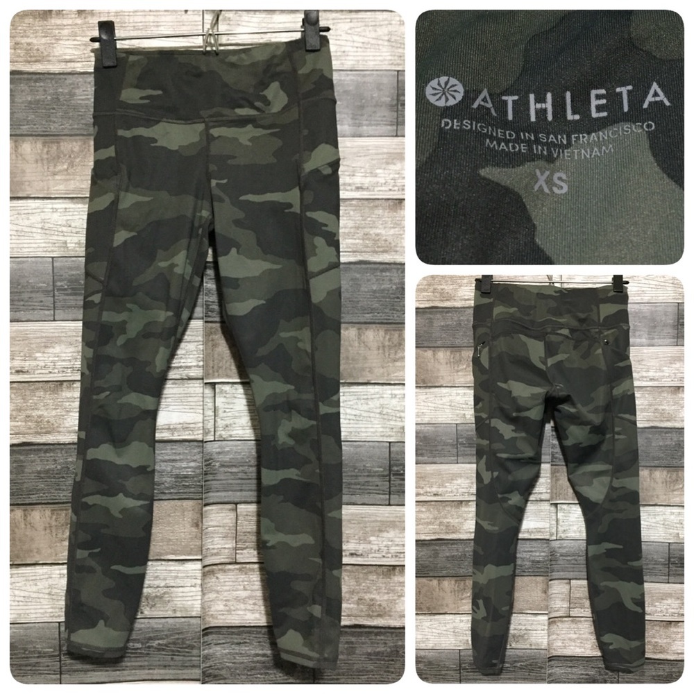 Athleta Camo Leggings Women’s XS Green Stretch Zip Pockets (Inseam 24.5)